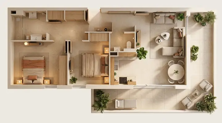 Plan de l'appartement T3 avec grande terrasse