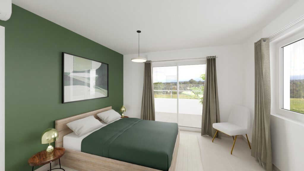 Chambre principale d'un appartement T3 neuf à Porticcio — Résidence du Fort