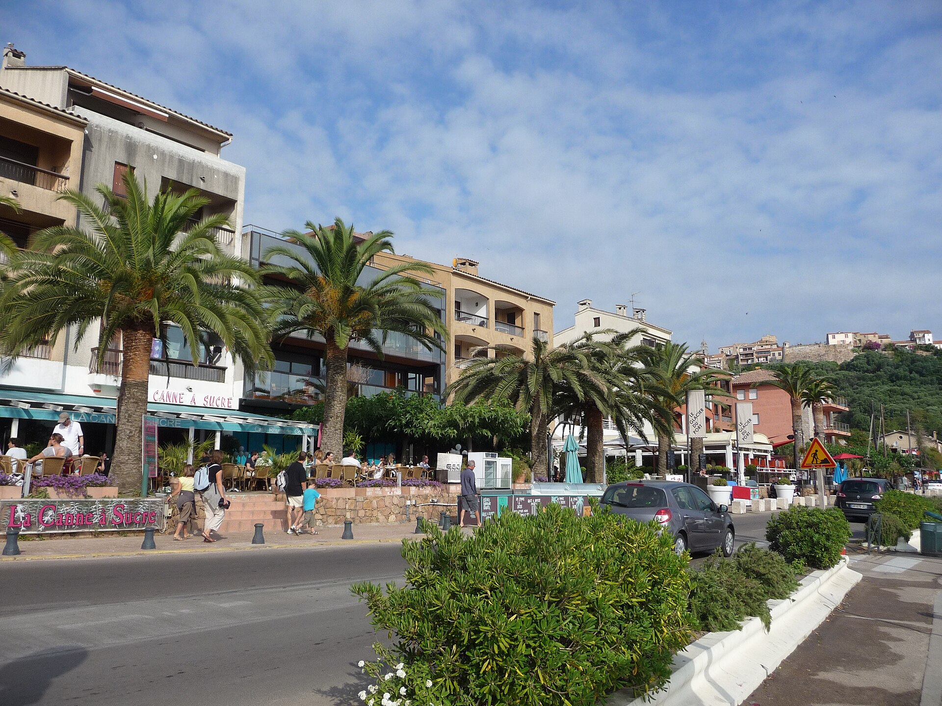The quays of Porto-Vecchio marina, with palm trees and café terraces