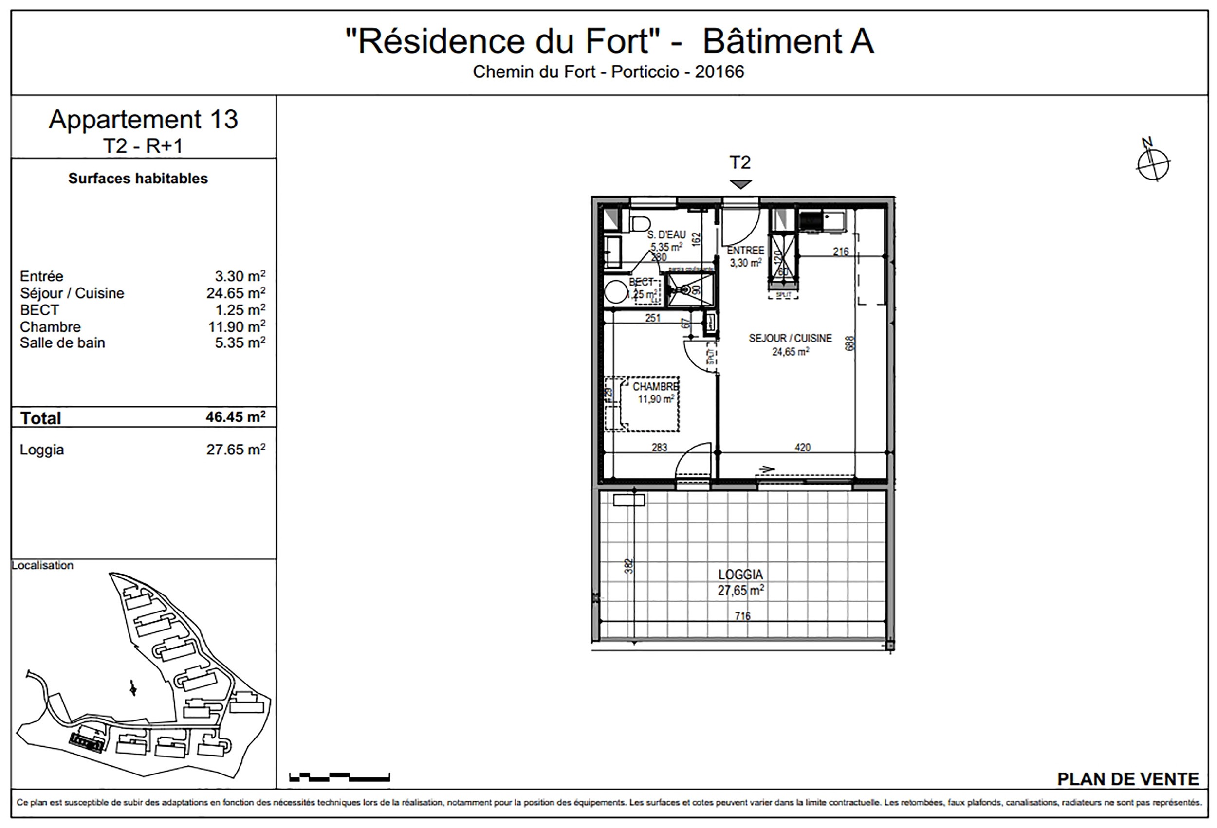 Plan d'un appartement T2 neuf avec jardin et terrasse à Porticcio