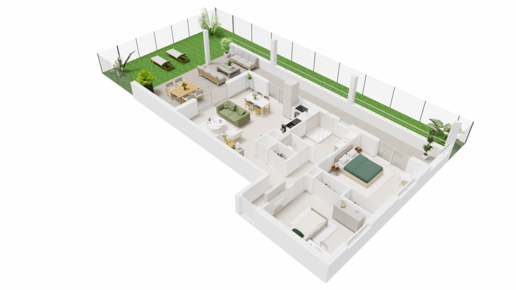 Vue axonométrique 3D d'un appartement T3 de la Résidence du Fort à Porticcio