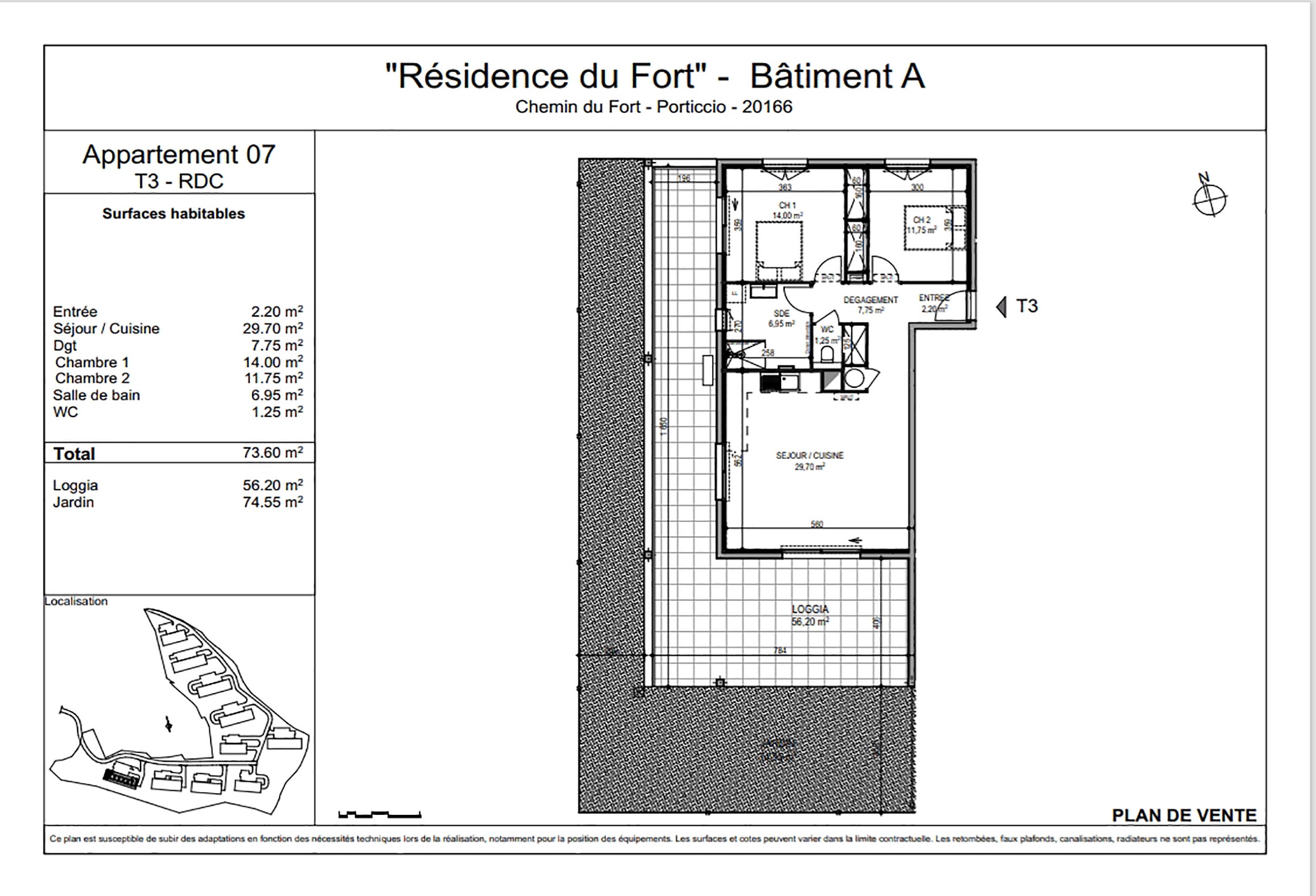 Plan d'un appartement T3 neuf avec grand jardin et terrasse à Porticcio