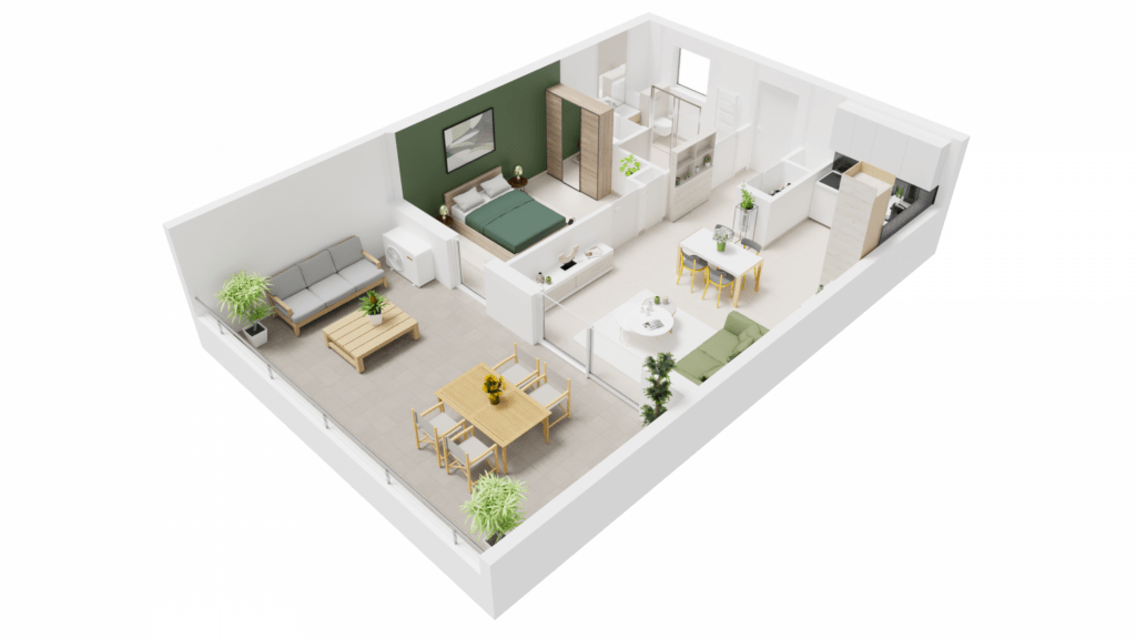 Vue axonométrique 3D d'un appartement T2 de la Résidence du Fort à Porticcio