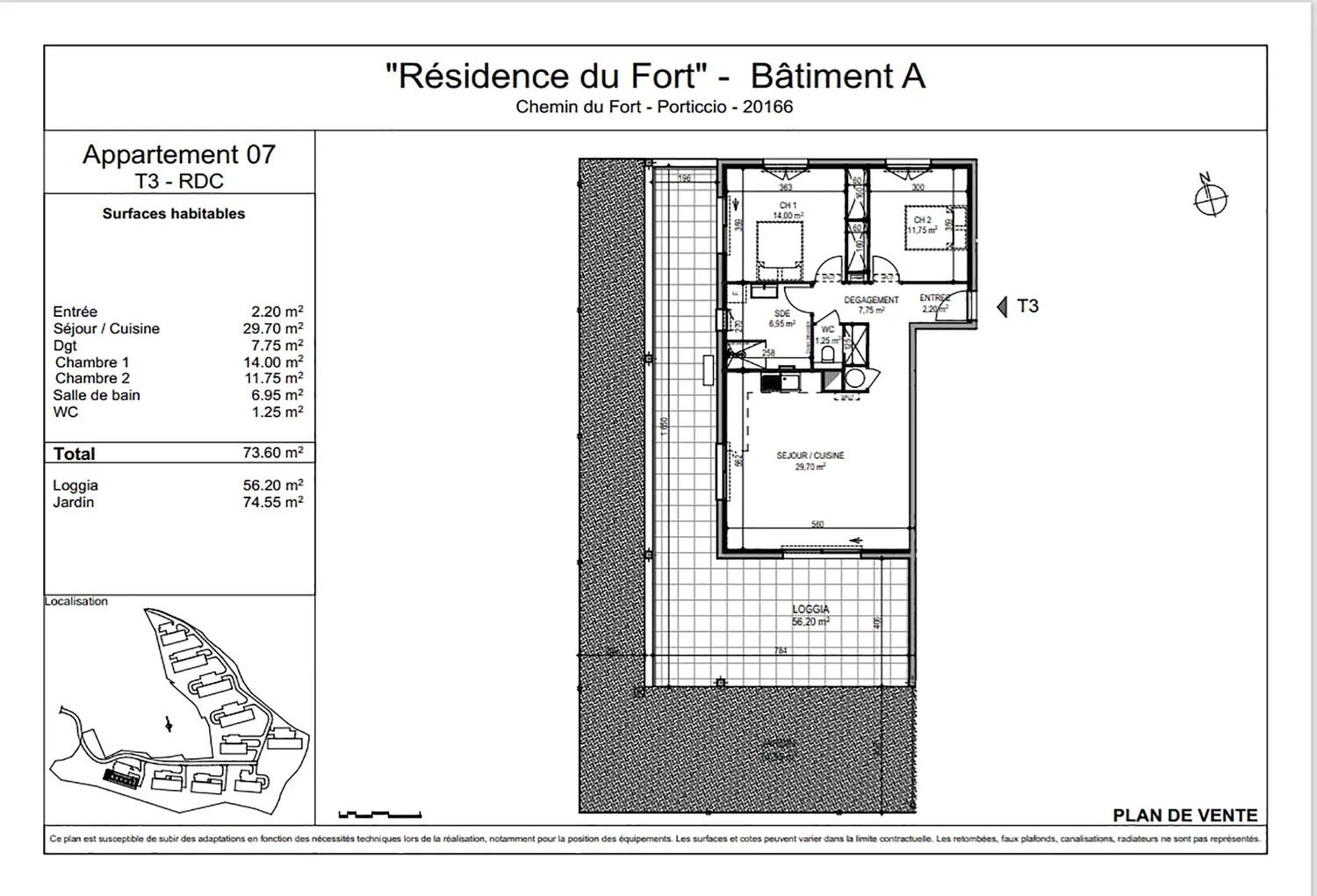 Plan d'un appartement T3 neuf avec grand jardin et terrasse à Porticcio