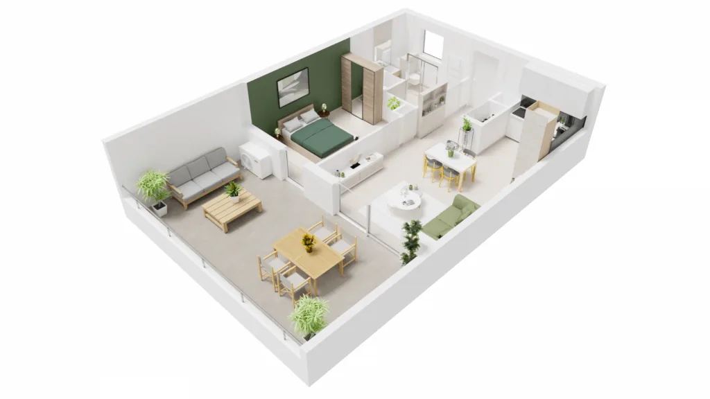 Vue axonométrique 3D d'un appartement T2 de la Résidence du Fort à Porticcio