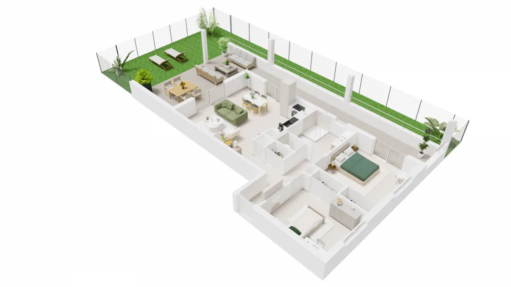 Vue axonométrique 3D d'un appartement T3 de la Résidence du Fort à Porticcio