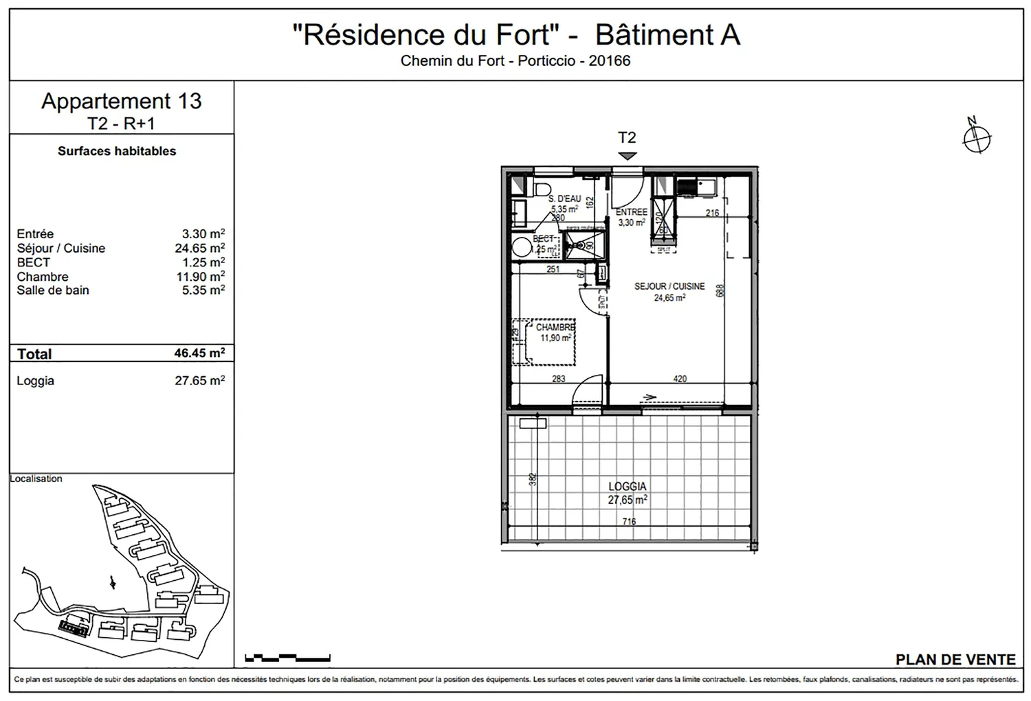 Plan d'un appartement T2 neuf avec jardin et terrasse à Porticcio