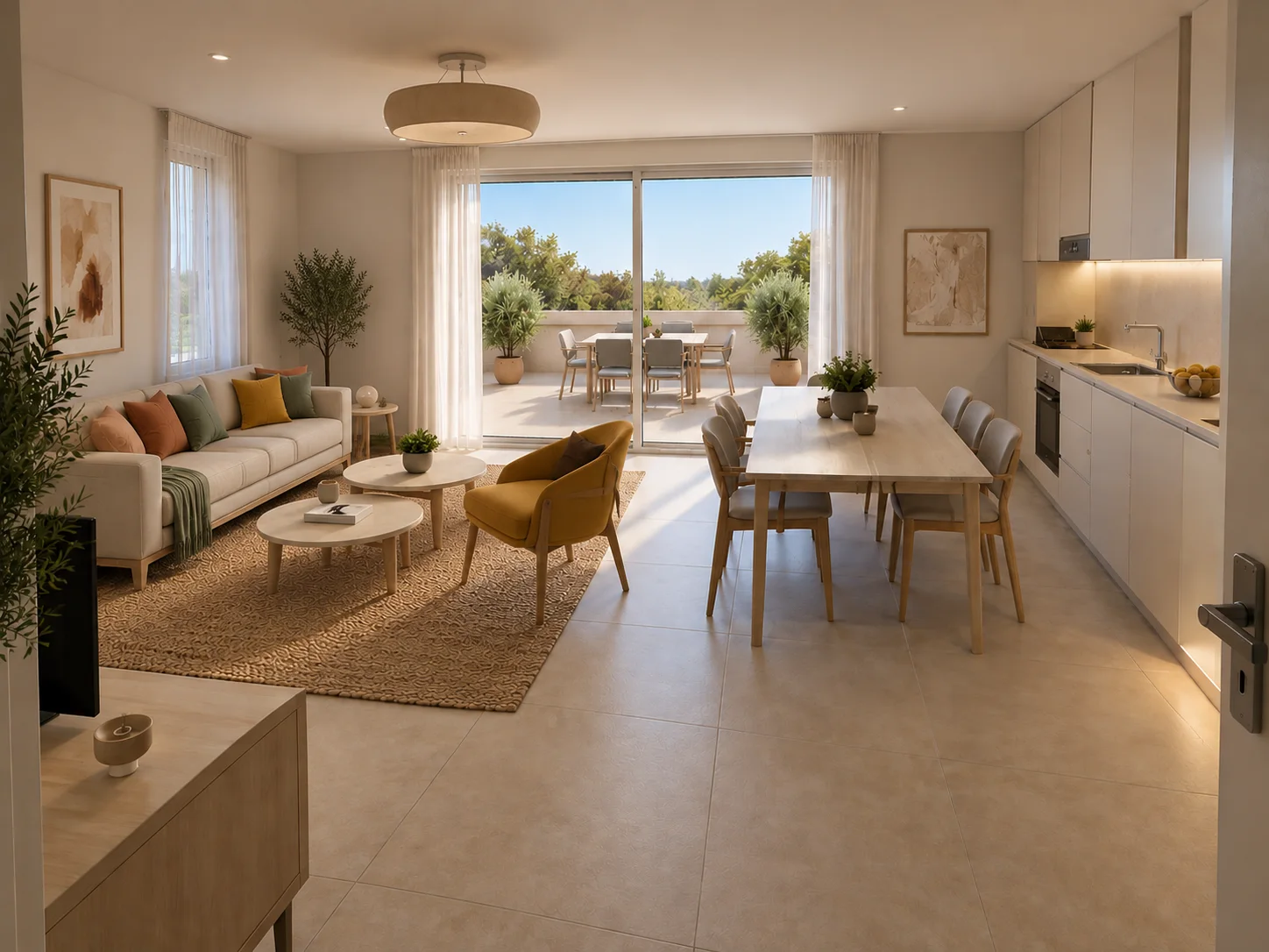 Séjour-cuisine lumineux ouvert sur une grande terrasse — appartement neuf de la Résidence U Ponte à Porto-Vecchio