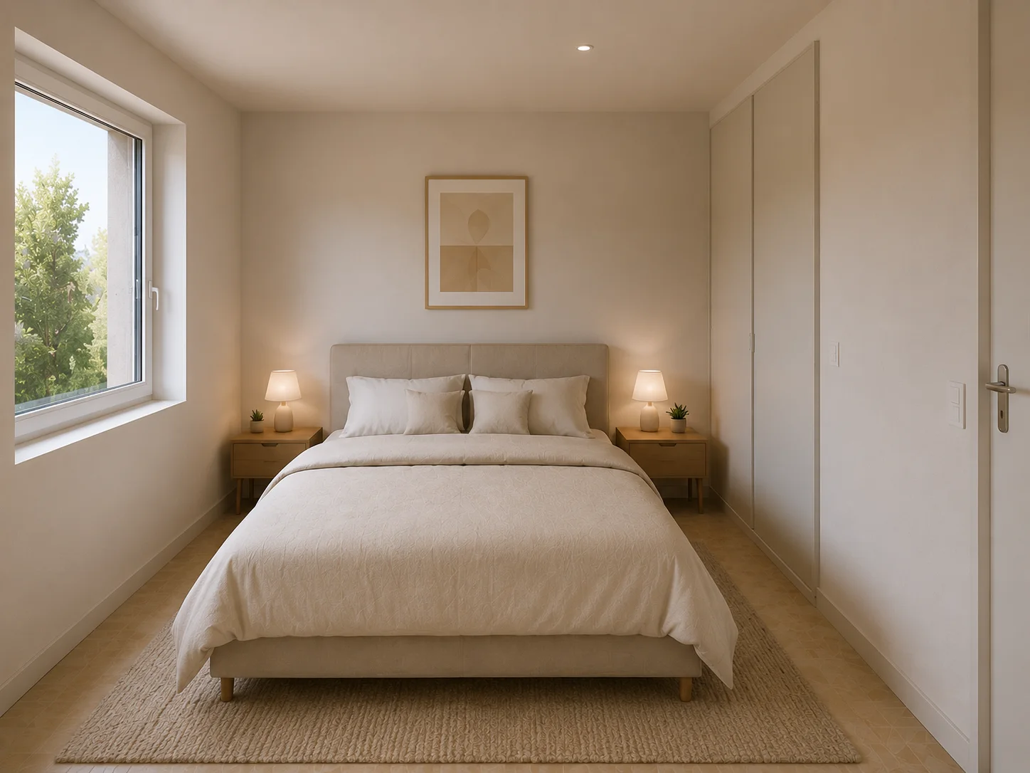 Chambre douce et lumineuse avec placards intégrés — appartement neuf Résidence U Ponte